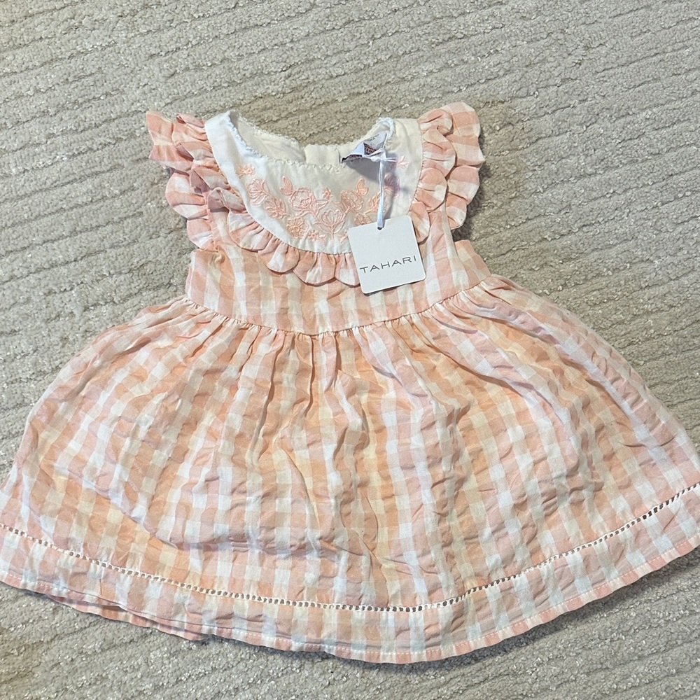 Tahari Peach and White Gingham Kids Dress